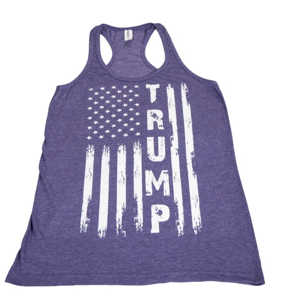 Women’s Medium Purple Trump American Flag Racerback Tank Top Patriotic USA Shirt - Picture 1 of 11